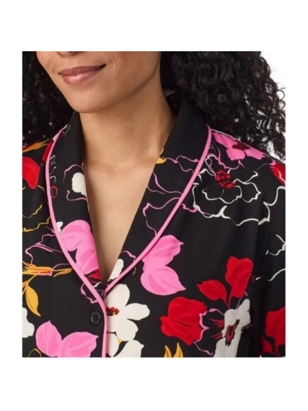 NEW Room Service Women's Shawl Collar Pajama Set Black Floral with Long Sleeves